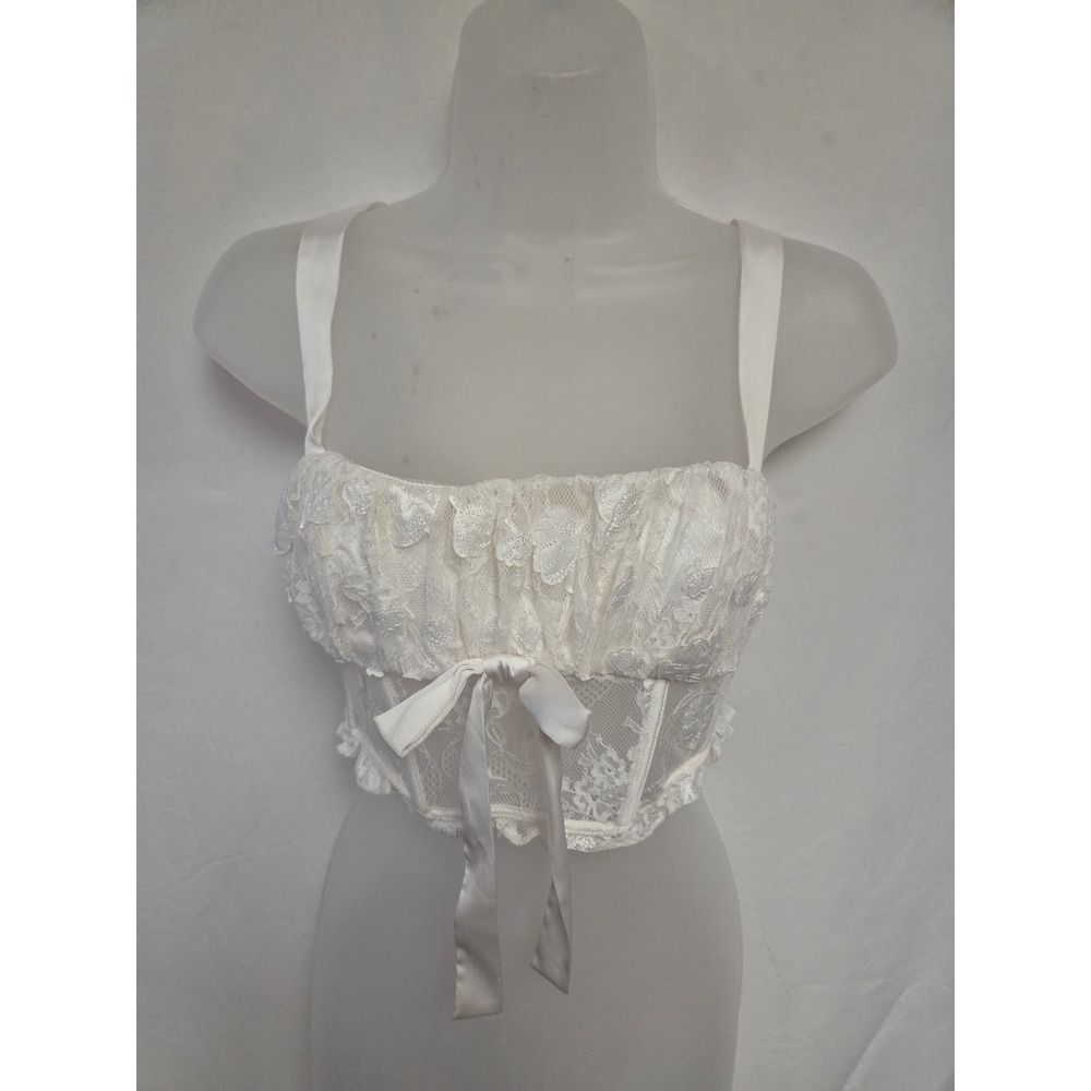For Love & Lemons White Lace Corset‎ Crop Top Bustier Sequin Ribbon Tie Medium